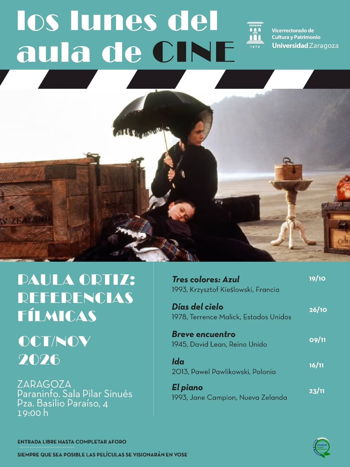 Cartel de Aula de cine del ciclo Paula Ortiz: «El piano», de Jane Campion