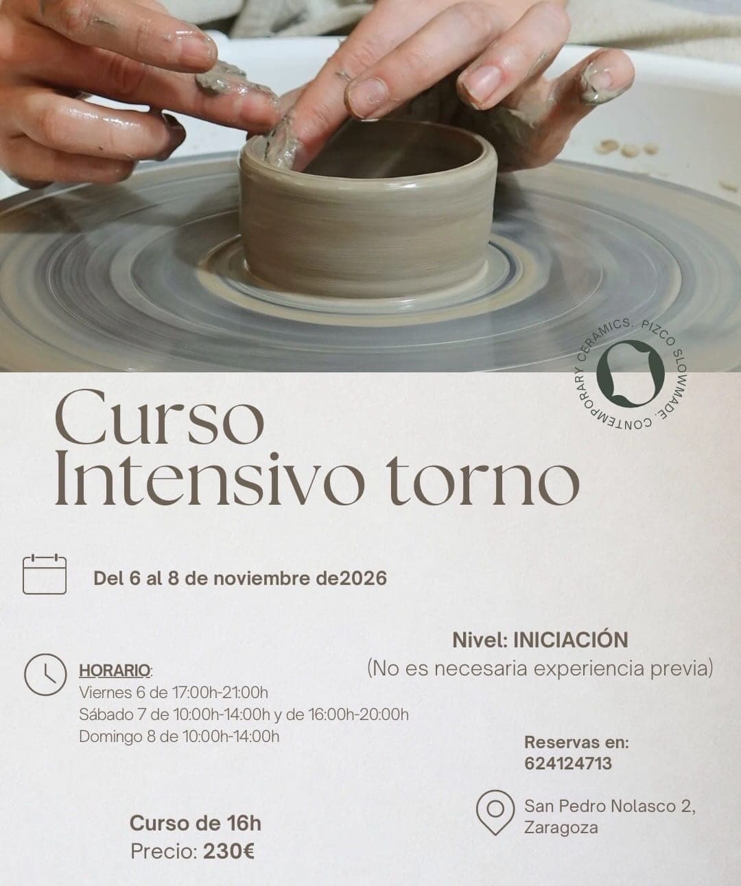 Cartel de Curso intensivo de torno de iniciación en Pizco Cerámica