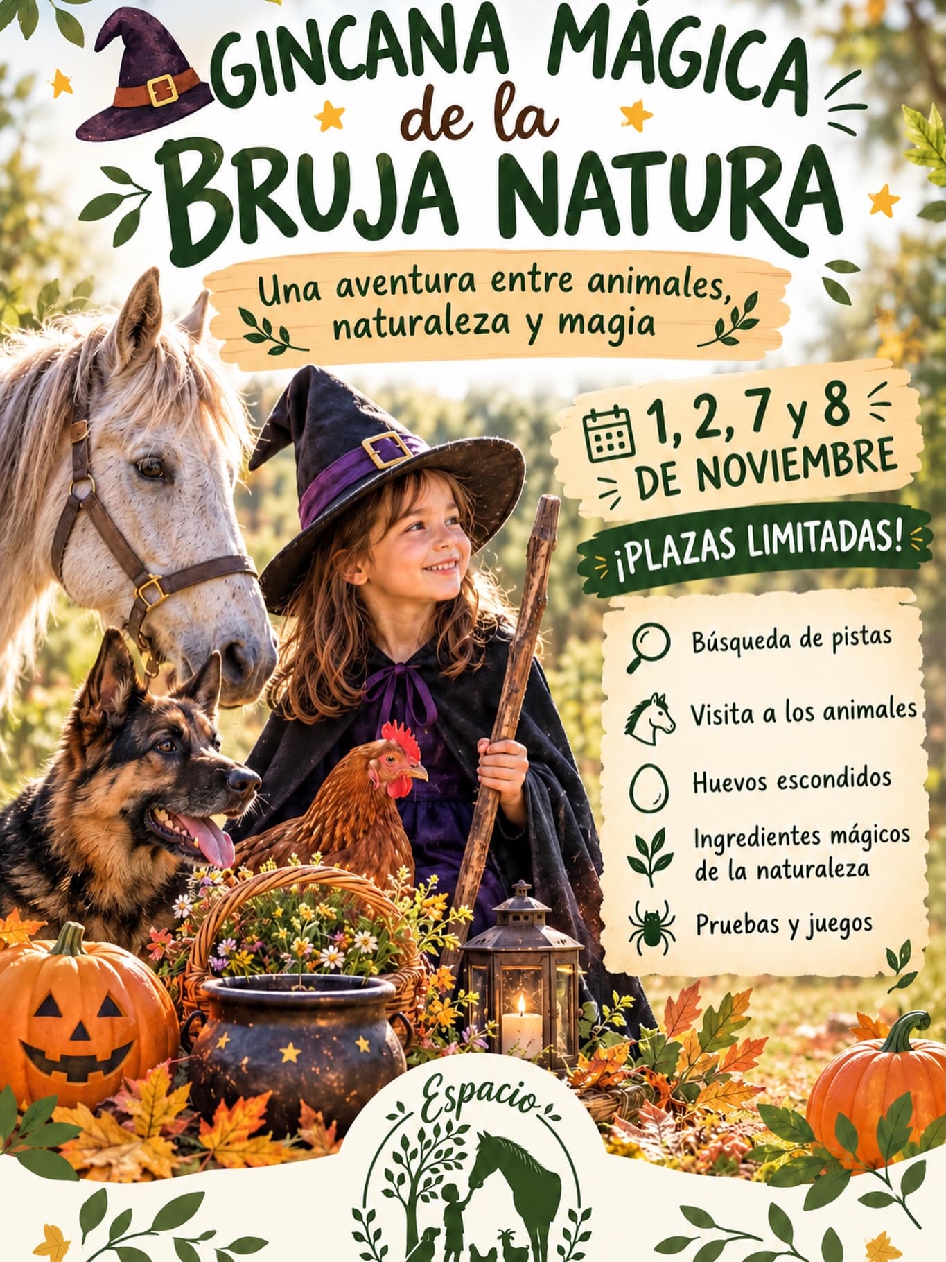 Cartel de La Bruja Natura: gincana de Halloween en familia en Espacio Natura
