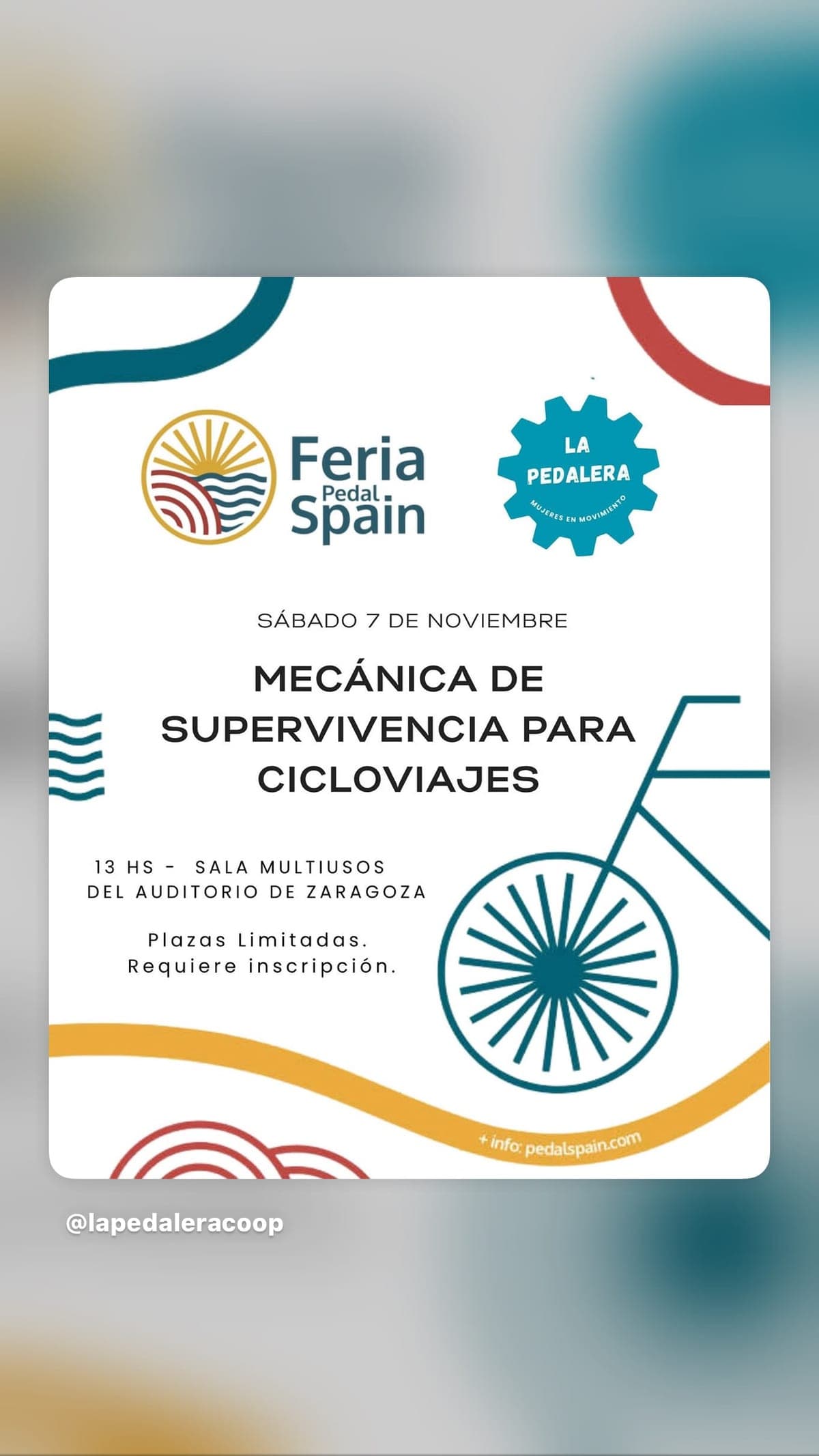 Cartel de Mecánica de supervivencia para cicloviajes, con La Pedalera (Feria Pedal Spain)