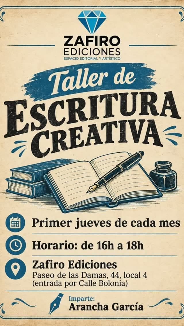 Cartel de Taller de escritura creativa en Zafiro Ediciones, con Arancha García