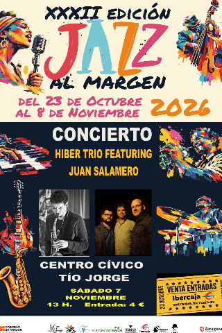 Cartel de 32º Festival Jazz al Margen. Presentación libro de Pedro Zapater sobre Bob Destiny y concierto de Muñoz y Naval Jazz.