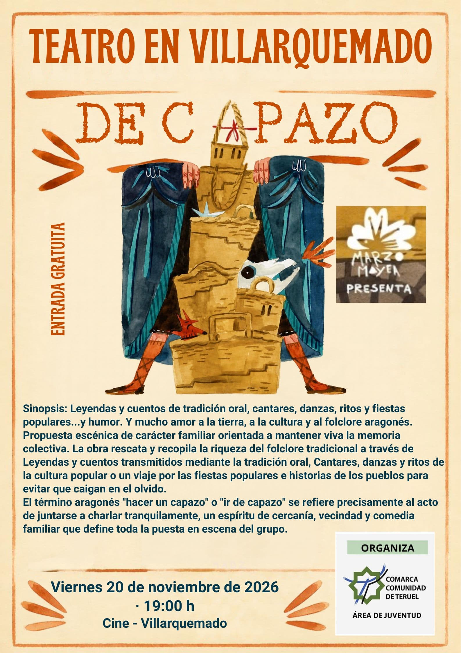 Cartel de Teatro: «De capazo», de Marzo Meya, en Villarquemado