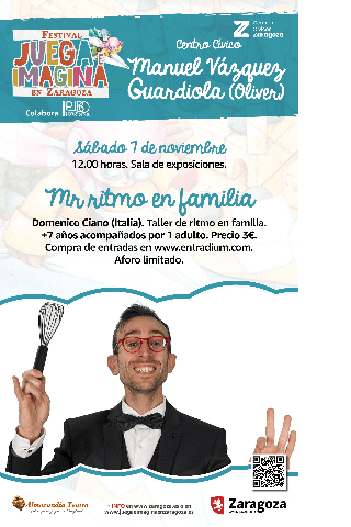 Cartel de Juega e Imagina 2026: Taller de ritmo en familia. Mr. Ritmo en familia. Domenico Ciano (Italia).