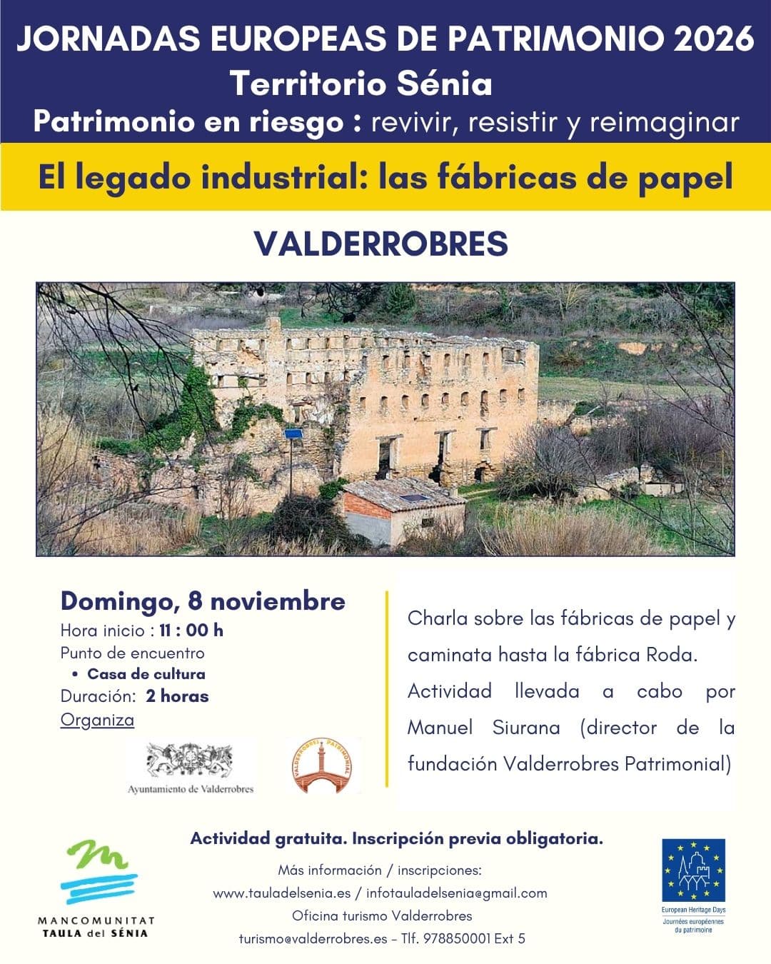 Cartel de Jornadas Europeas de Patrimonio: las antiguas fábricas de papel de Valderrobres