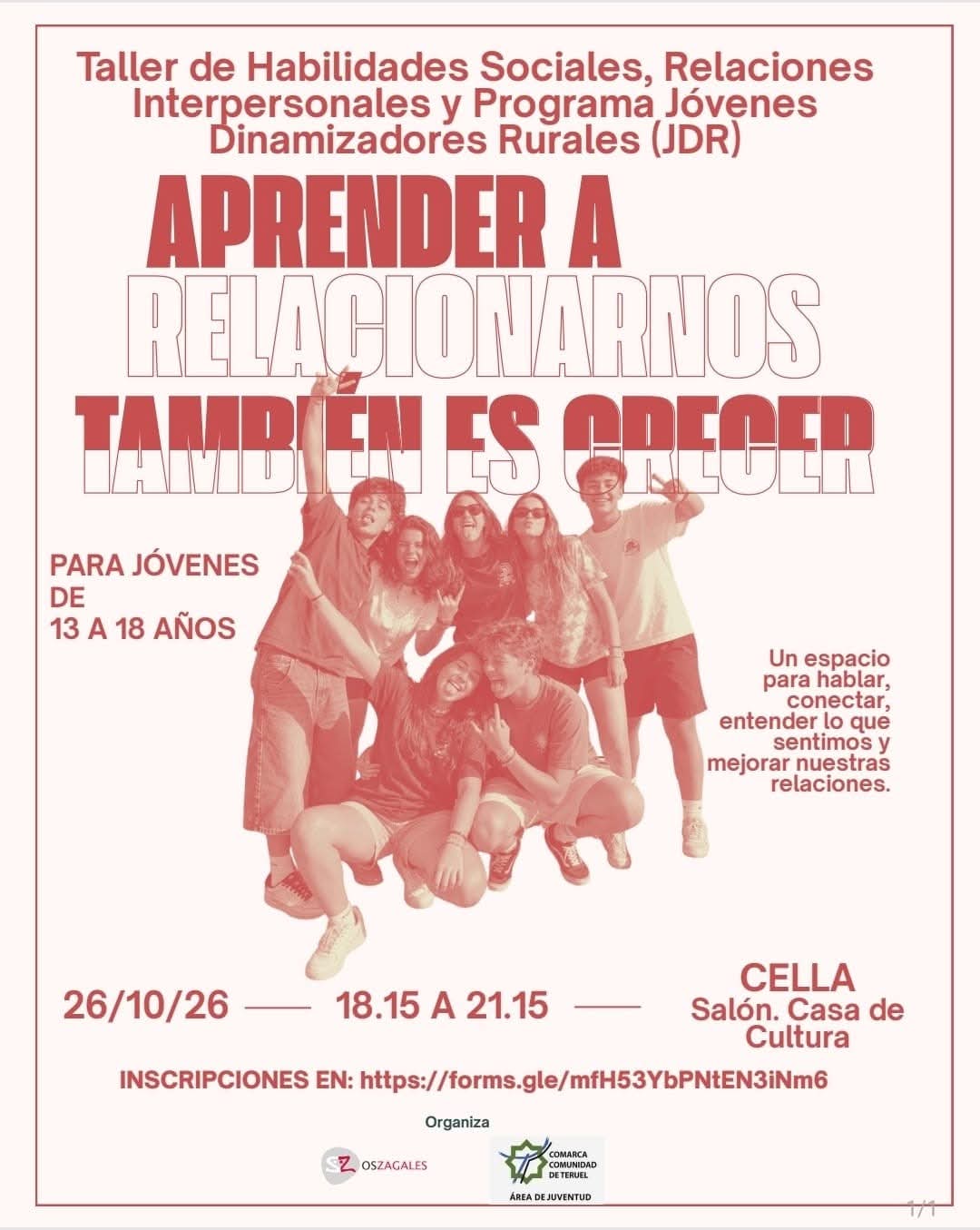 Cartel de «Aprender a relacionarnos también es crecer»: taller de habilidades sociales para jóvenes en Cella