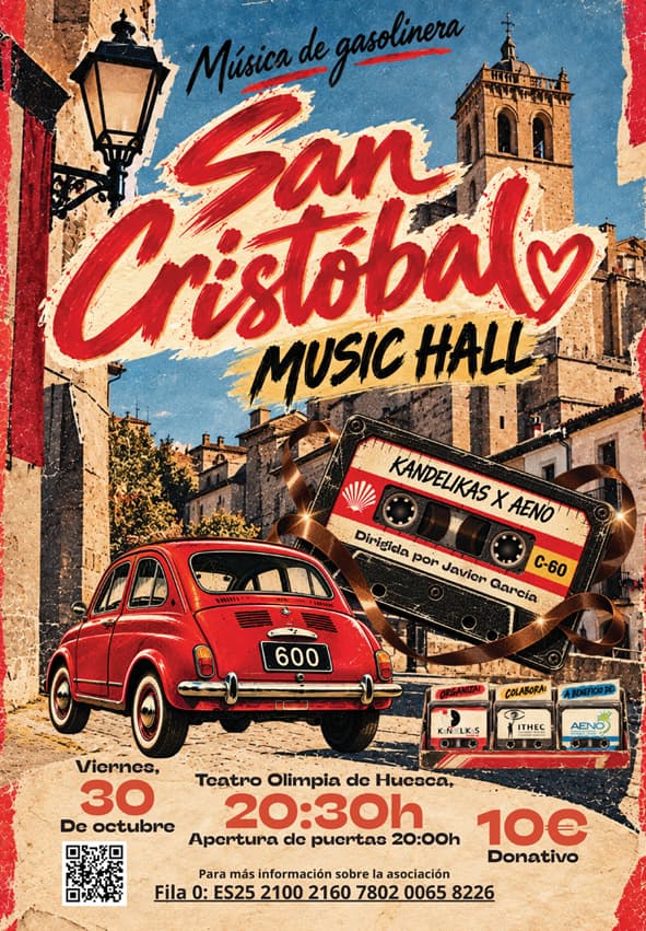 Cartel de San Cristóbal Music Hall. Música de gasolinera
