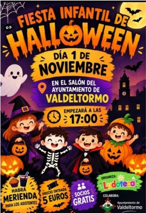 Cartel de Fiesta infantil de Halloween en Valdeltormo