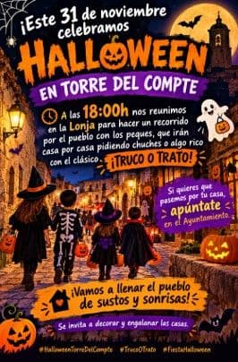 Cartel de Halloween en Torre del Compte: truco o trato