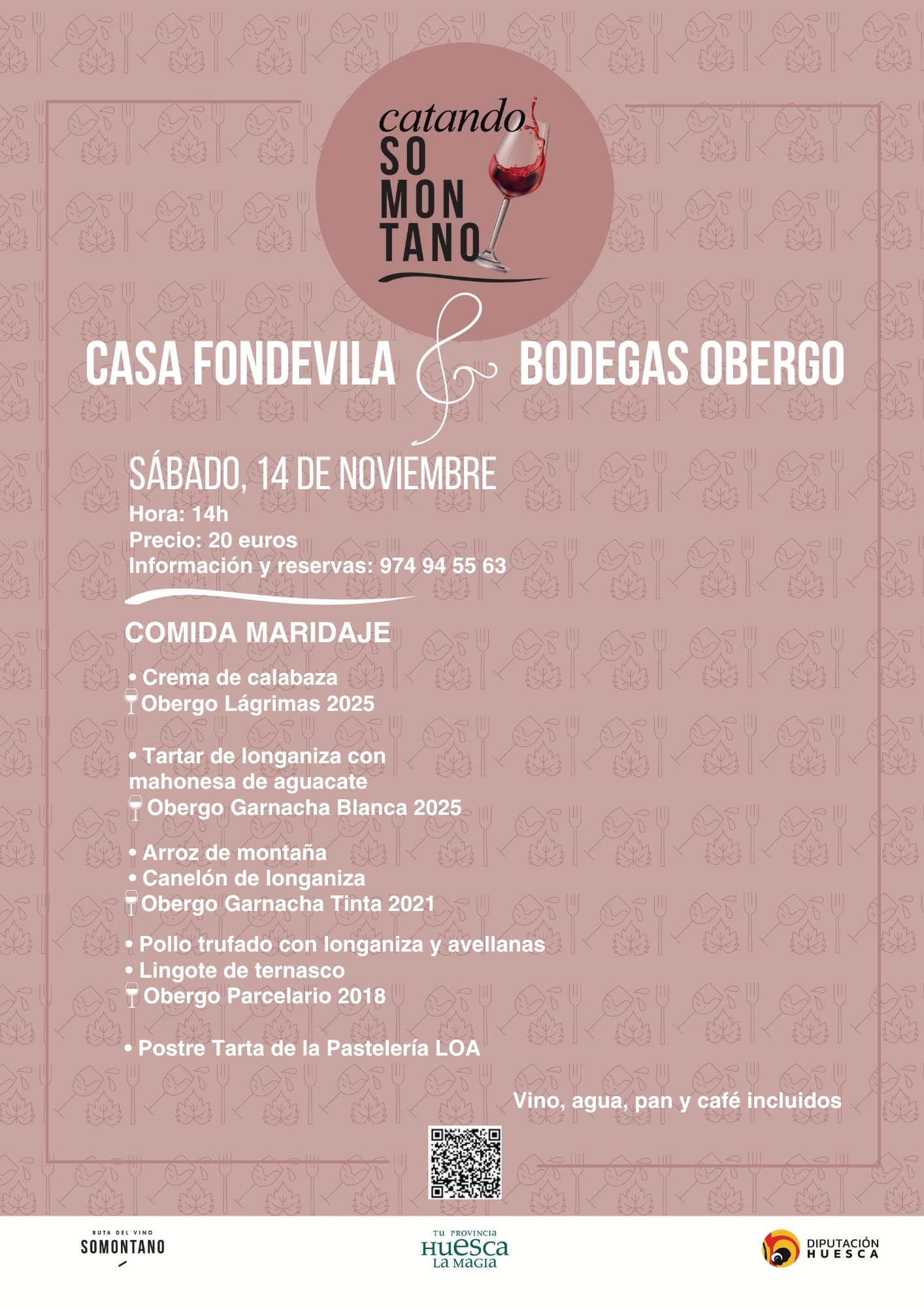 Cartel de Comida maridaje en Casa Fondevila con Bodegas Obergo