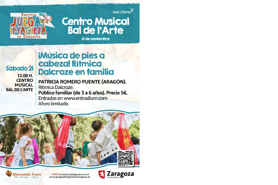 Cartel de Juega e Imagina 2026: ¡Música de Pies a Cabeza!. Rítmica Dalcroze en Familia. Patricia Romero Puente (Aragón).