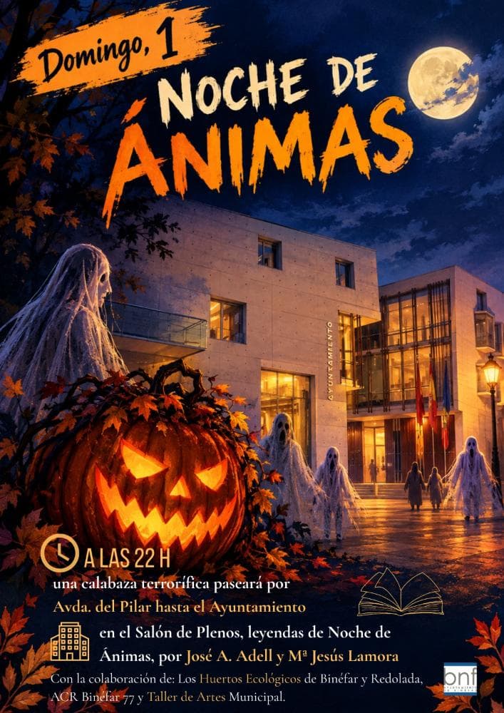 Cartel de Noche de Ánimas en Binéfar: la calabaza terrorífica y las leyendas de José Antonio Adell