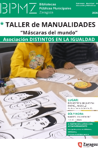 Cartel de TALLER de Máscaras del Mundo con la asociación Distintos en la Igualdad