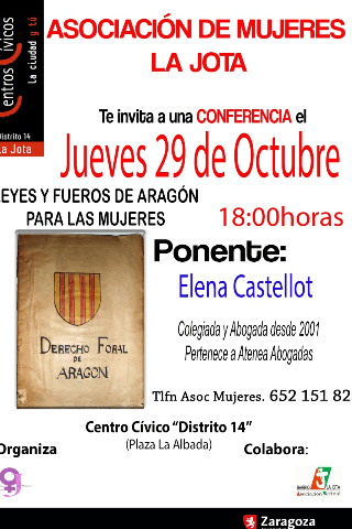 Cartel de Conferencia. Leyes y fueros de Aragón para mujeres. Asociavión de Mujeres de la Jota.