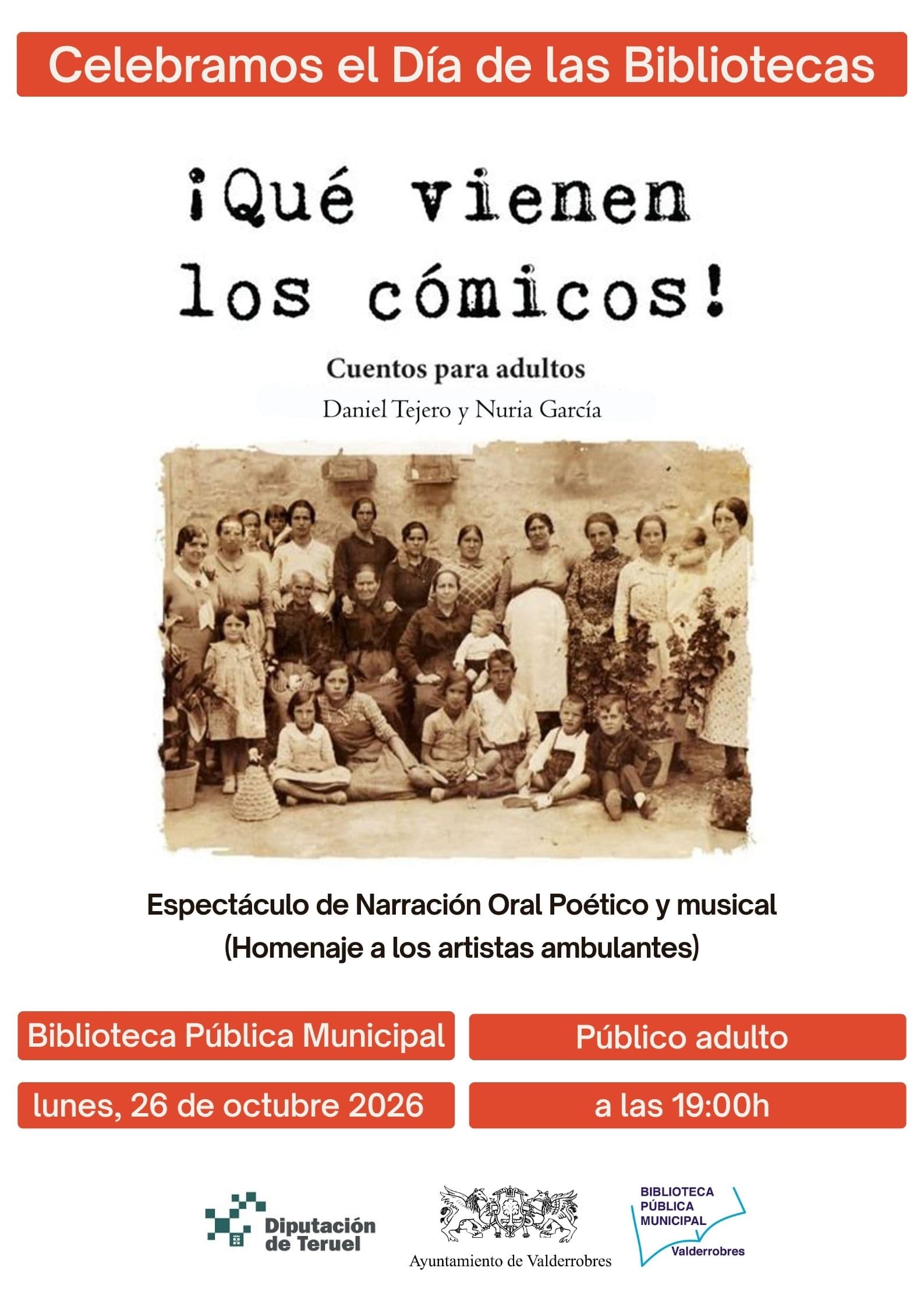 Cartel de «¡Que vienen los cómicos!», cuentacuentos para adultos