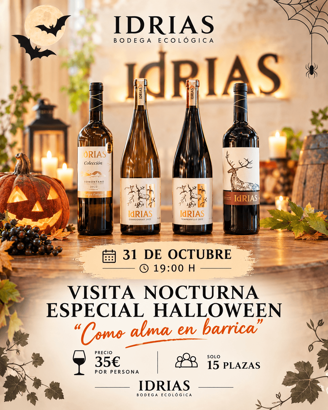 Cartel de «Como alma en barrica»: visita nocturna de Halloween en Bodega Idrias