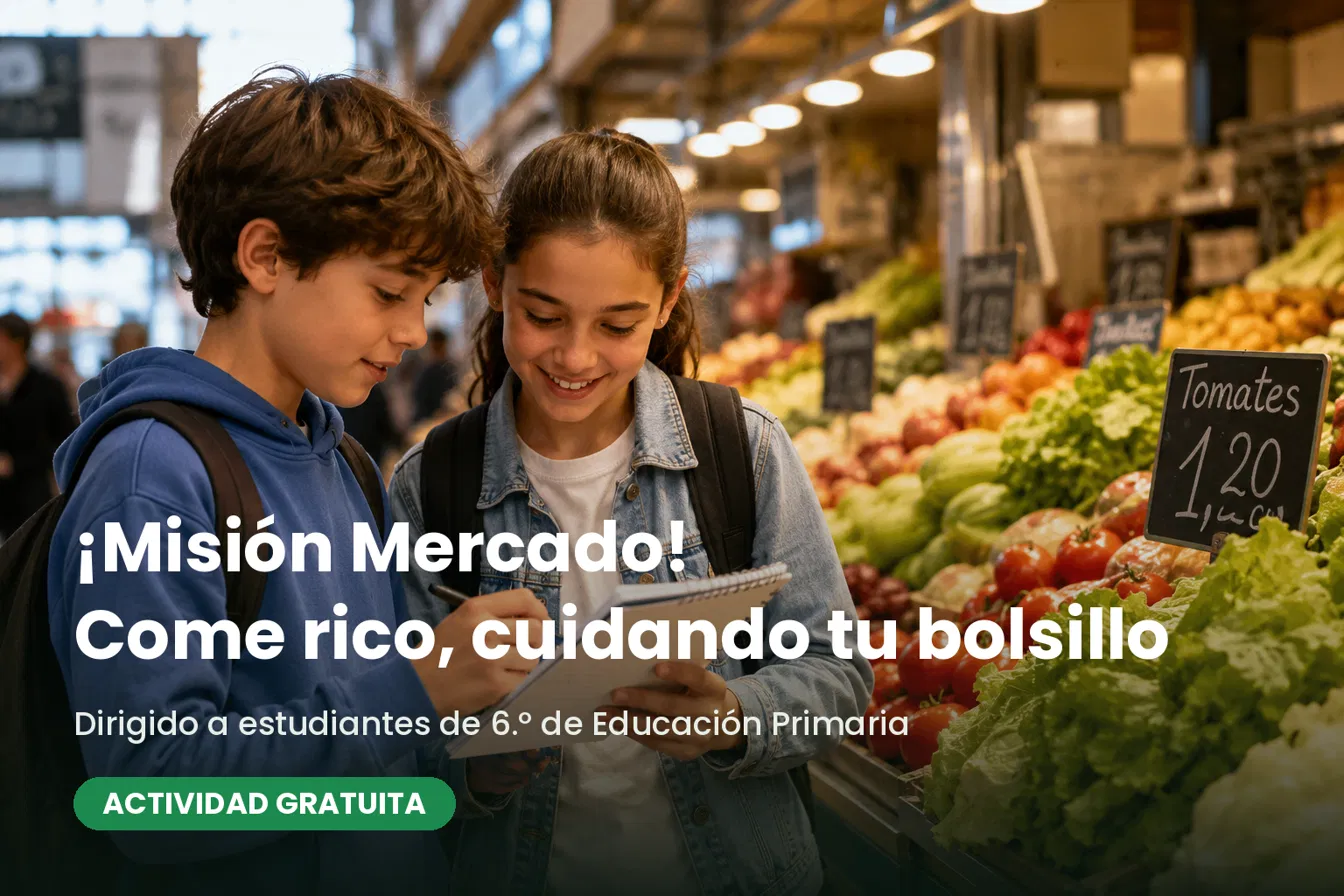 Cartel de ¡Misión Mercado! Come rico cuidando tu bolsillo