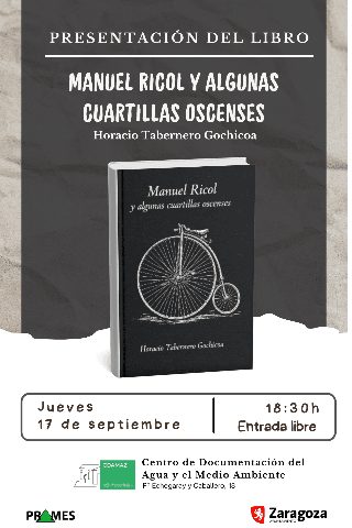 Cartel de Presentación de libro: Manuel Ricol, y algunas cuartillas oscenses. De Horacio Tabernero
