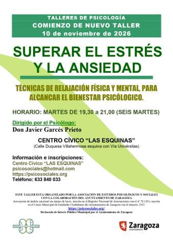 Cartel de Taller de Psicología: Superar el estrés y la ansiedad y alcanzar y alcanzar el bienestar. Técnicas de relajación física y mental